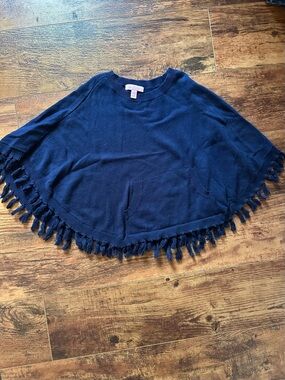 Lilly Pulitzer Girls Navy Blue Fringe Knit Cape Sweater Poncho Cotton Size S 4
